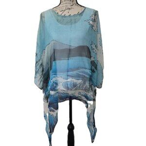 COCOON HOUSE 100% SILK WEARABLE ARTWORK OCEAN DESIGN SHEER KIMONO SLEEVE PONCHO